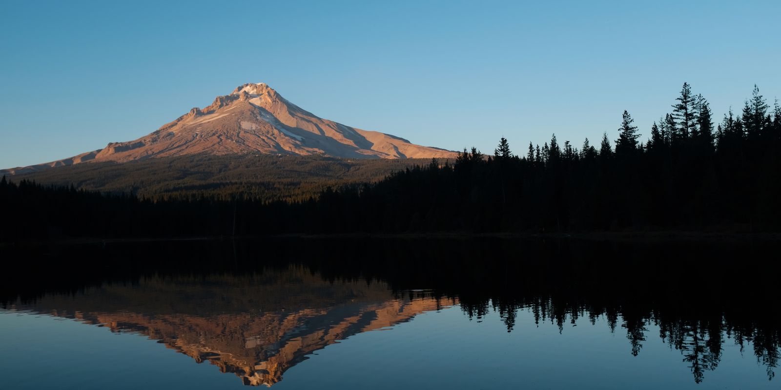 Mount Hood lit warm at evening, reflected in the still water of Trillium Lake below a dark line of firs.