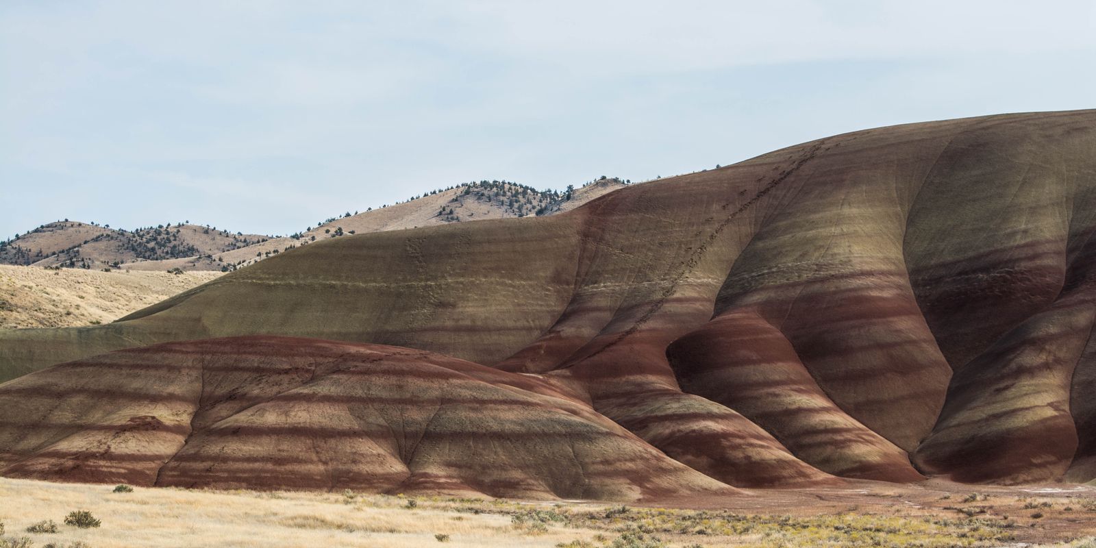 Rounded hills banded in red, tan and gold clay under a pale sky in the Painted Hills of Oregon.