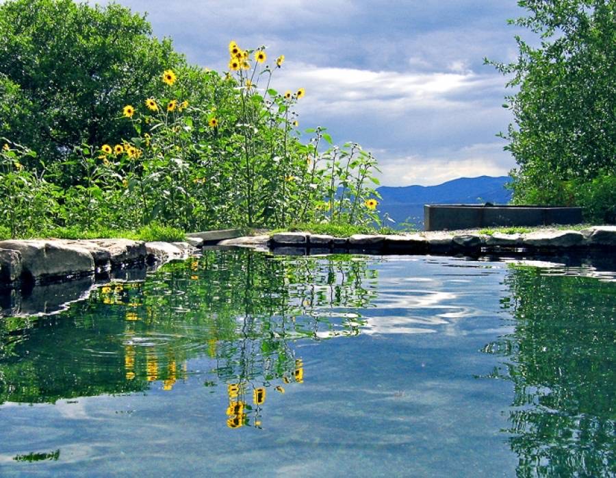 Still natural hot pool edged with flat stones, sunflowers behind and the valley and mountains beyond